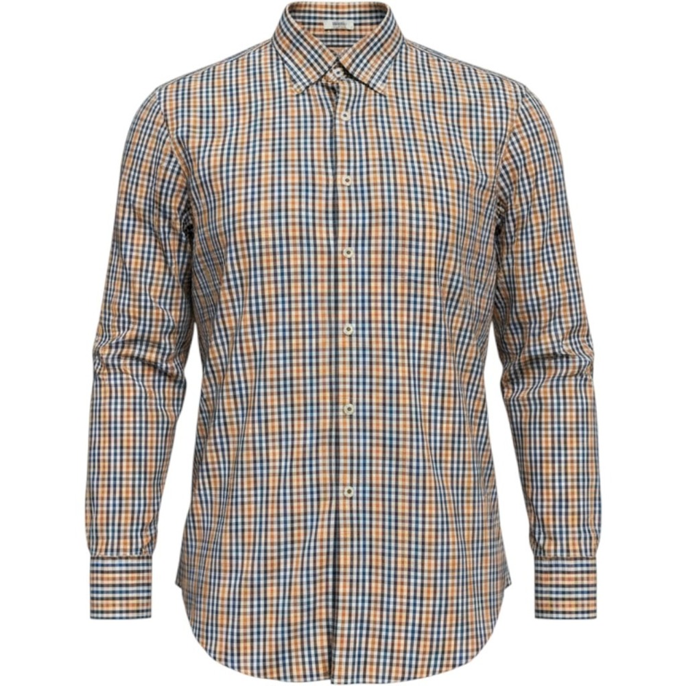 Peter Millar Mens Medium Orange Blue Check Cotton‎ Button Down Long Sleeve Shirt